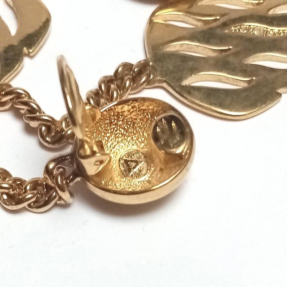 Golden vintage Earrings, 1990s retro Clip On Drop, Leaf shaped with Rhinestone, - Picture 4 of 9